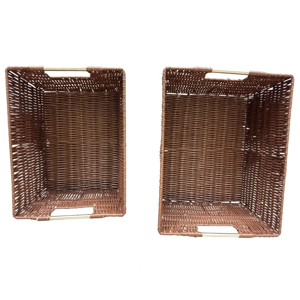 Set of 2 Brown Woven Storage Baskets with Metal Handles Nesting Bins